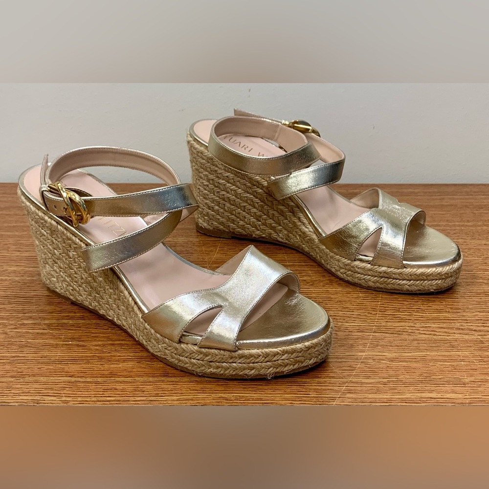 Stuart Weitzman Zuzu Gold Espadrille Wedge Sandals